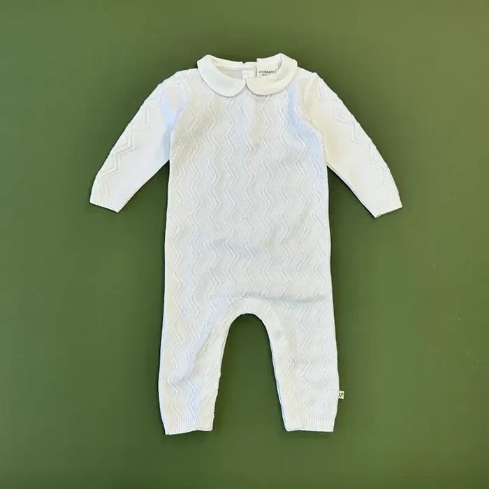 Viverano Organics Organic Knit Peter Pan Chevron Baby Jumpsuit - Dove White