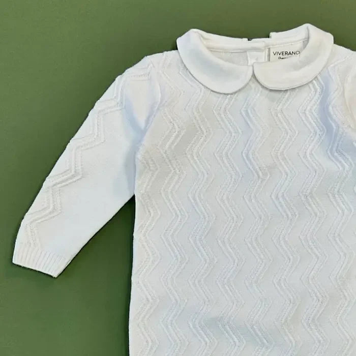 Viverano Organics Organic Knit Peter Pan Chevron Baby Jumpsuit - Dove White