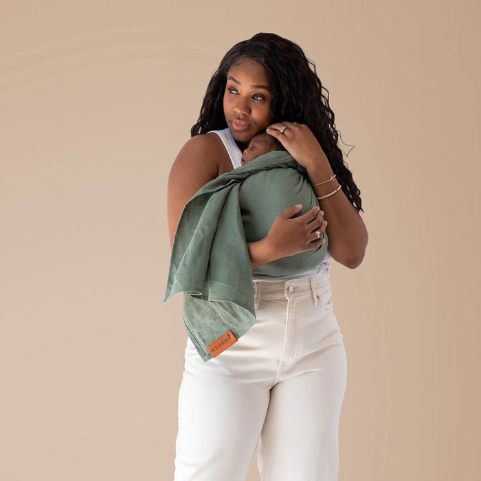 Mom wearing baby in WildBird Linen Sling - Acadian