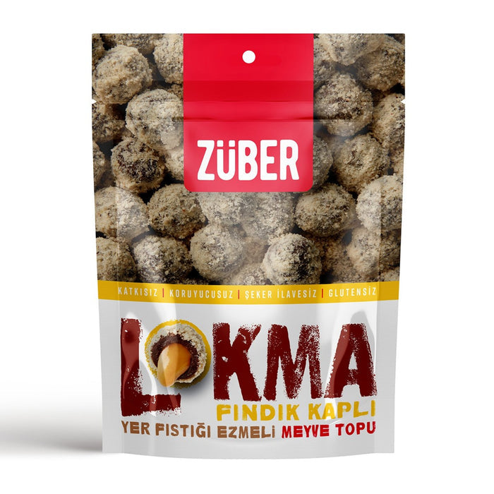 Zuber Lokma Hazelnut Covered Fruit Bites blend rich hazelnuts, naturally sweet dates, and a touch of